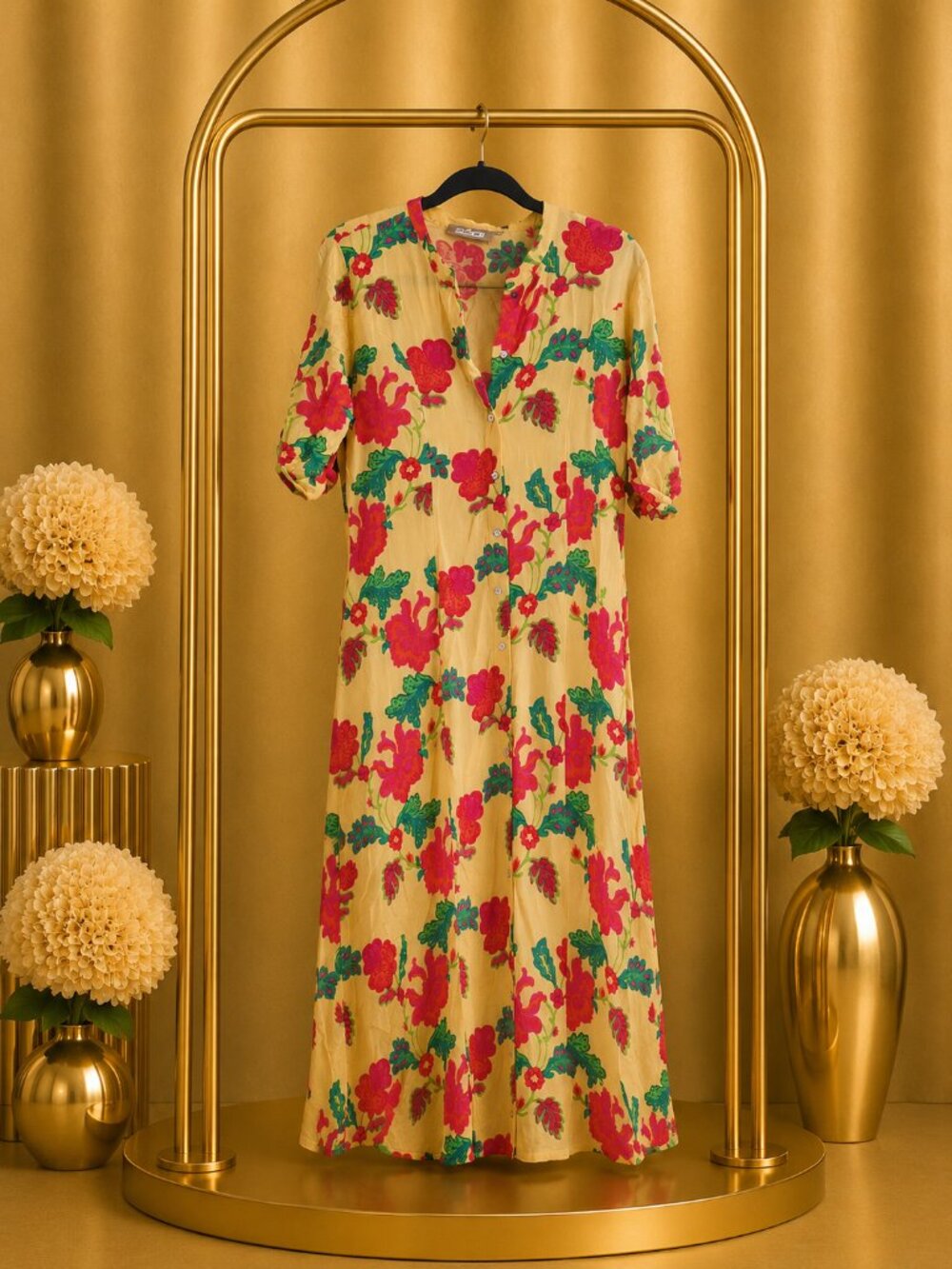 Fall Floral Artsy Boho Viscose Shirt Dress Yellow Coral Plus XXL UTSA India